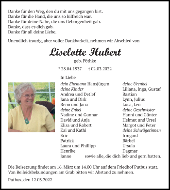 Traueranzeige von Liselotte Hubert von Ostsee-Zeitung GmbH