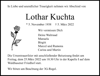 Traueranzeige von Lothar Kuchta von Lübecker Nachrichten