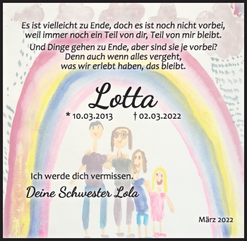 Traueranzeige von Lotta  von Kieler Nachrichten