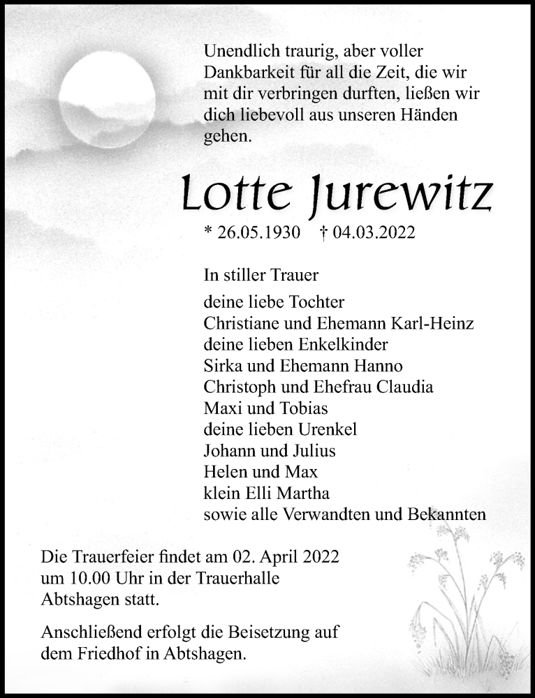  Traueranzeige für Lotte Jurewitz vom 12.03.2022 aus Ostsee-Zeitung GmbH