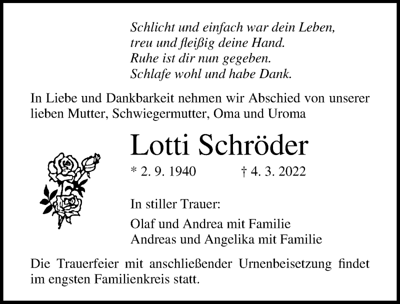  Traueranzeige für Lotti Schröder vom 12.03.2022 aus Ostsee-Zeitung GmbH