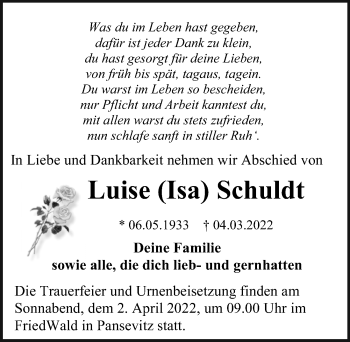 Traueranzeige von Luise Schuldt von Ostsee-Zeitung GmbH