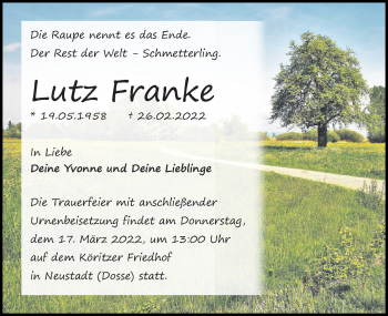 Traueranzeige von Lutz Franke von Märkischen Allgemeine Zeitung