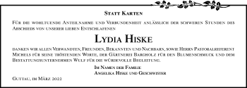 Traueranzeige von Lydia Hiske von Lübecker Nachrichten