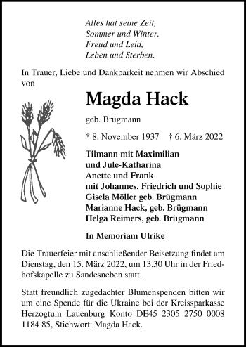 Traueranzeige von Magda Hack von Lübecker Nachrichten