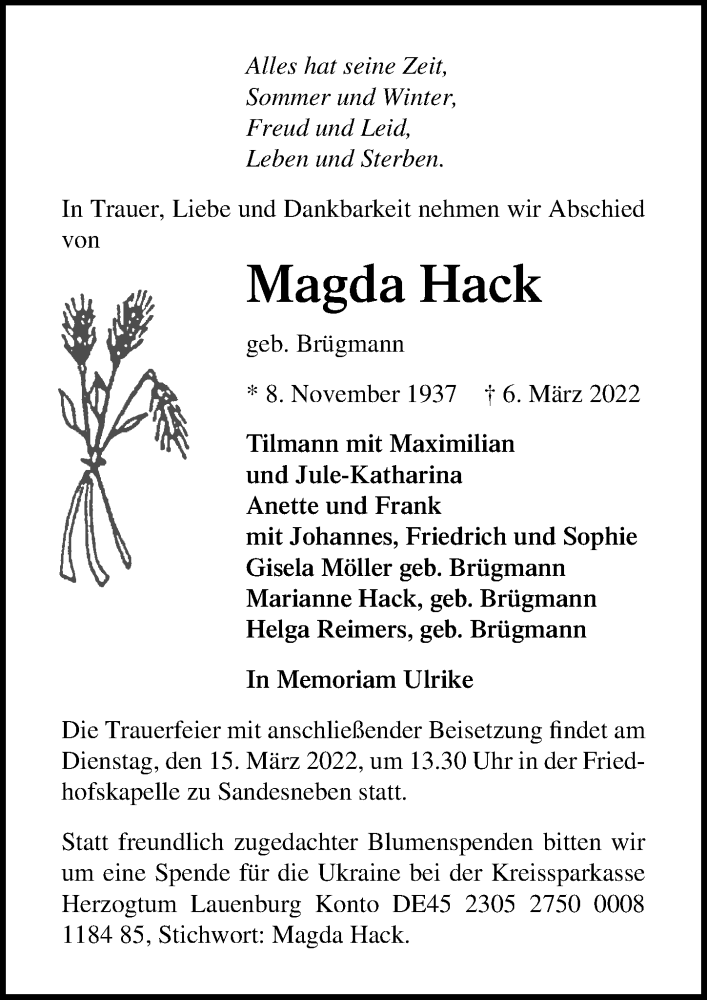  Traueranzeige für Magda Hack vom 13.03.2022 aus Lübecker Nachrichten