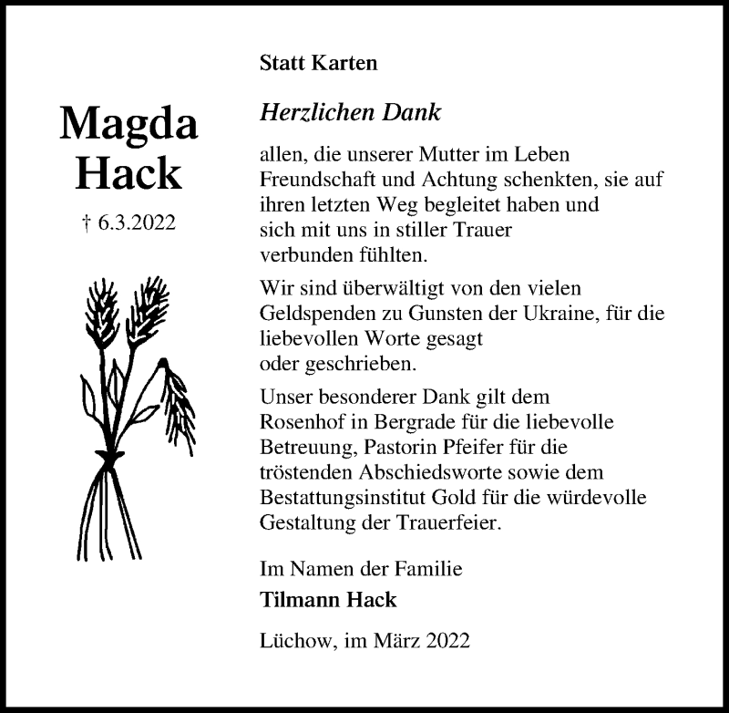  Traueranzeige für Magda Hack vom 27.03.2022 aus Lübecker Nachrichten
