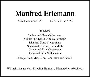 Traueranzeige von Manfred Erlemann von Lübecker Nachrichten