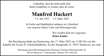 Traueranzeige von Manfred Hackert von Hannoversche Allgemeine Zeitung/Neue Presse