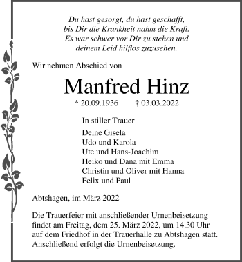 Traueranzeige von Manfred Hinz von Ostsee-Zeitung GmbH