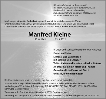 Traueranzeige von Manfred Kleine von Hannoversche Allgemeine Zeitung/Neue Presse