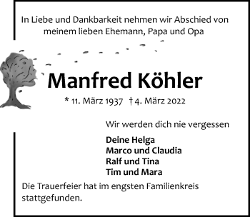 Traueranzeige von Manfred Köhler von Lübecker Nachrichten