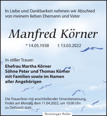 Traueranzeige von Manfred Körner von Leipziger Volkszeitung