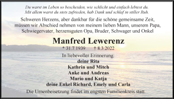 Traueranzeige von Manfred Lewerenz von Ostsee-Zeitung GmbH