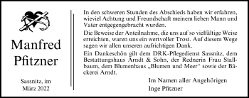 Traueranzeige von Manfred Pfitzner von Ostsee-Zeitung GmbH