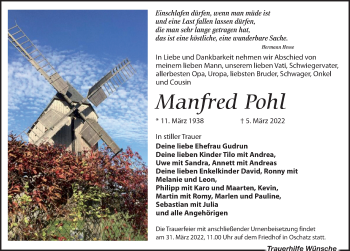 Traueranzeige von Manfred Pohl von Leipziger Volkszeitung