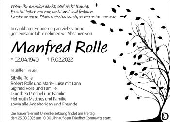 Traueranzeige von Manfred Rolle von Leipziger Volkszeitung
