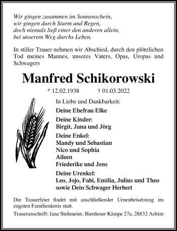 Traueranzeige von Manfred Schikorowski von Ostsee-Zeitung GmbH
