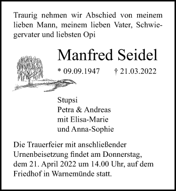 Traueranzeige von Manfred Seidel von Ostsee-Zeitung GmbH
