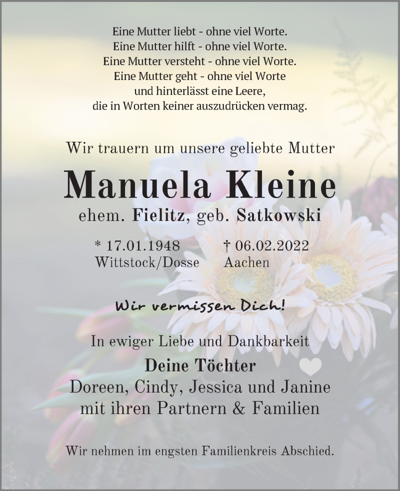  Traueranzeige für Manuela Kleine vom 12.03.2022 aus Märkischen Allgemeine Zeitung