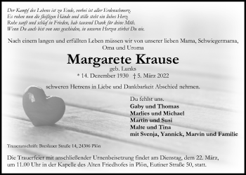 Traueranzeige von Margarete Krause von Kieler Nachrichten