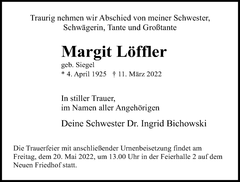  Traueranzeige für Margit Löffler vom 26.03.2022 aus Ostsee-Zeitung GmbH