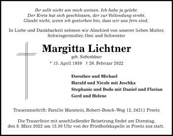 Traueranzeige von Margitta Lichtner von Kieler Nachrichten