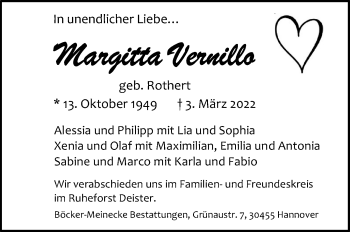 Traueranzeige von Margitta Vernillo von Hannoversche Allgemeine Zeitung/Neue Presse