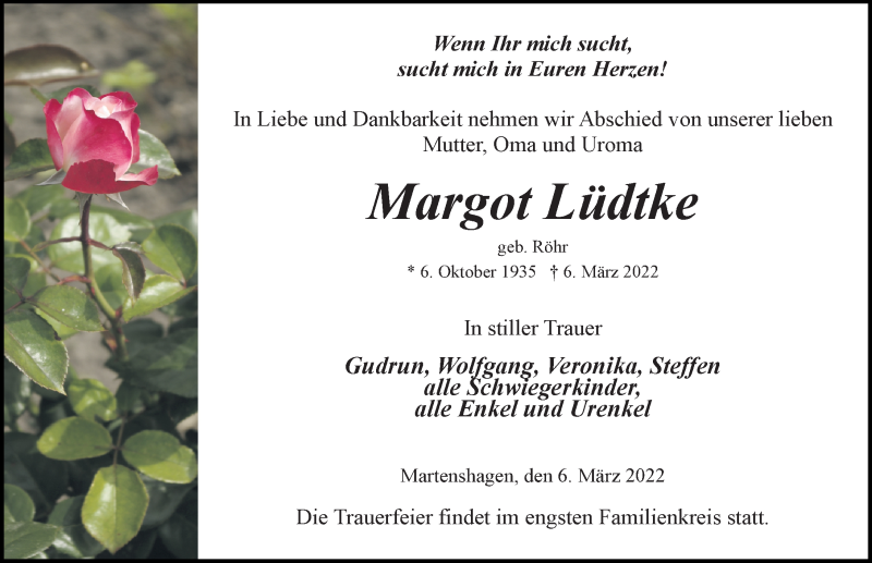  Traueranzeige für Margot Lüdtke vom 12.03.2022 aus Ostsee-Zeitung GmbH