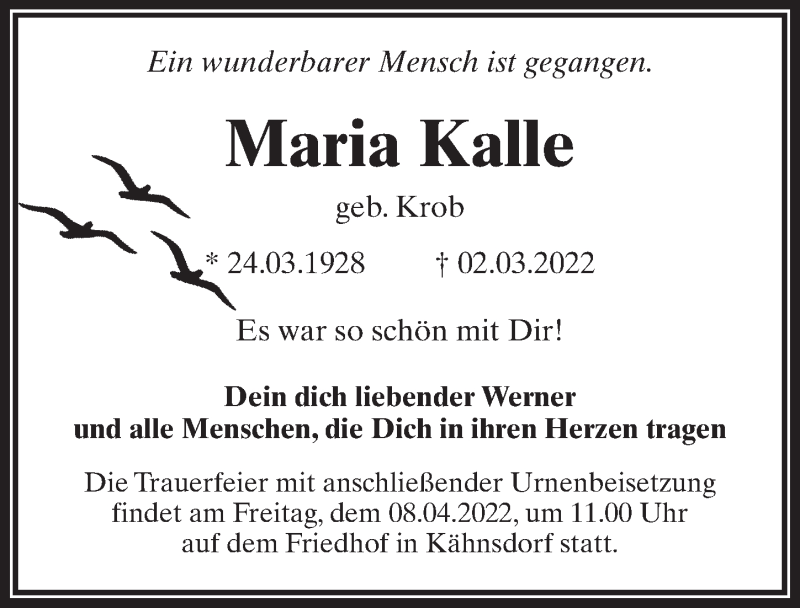  Traueranzeige für Maria Kalle vom 26.03.2022 aus Märkischen Allgemeine Zeitung
