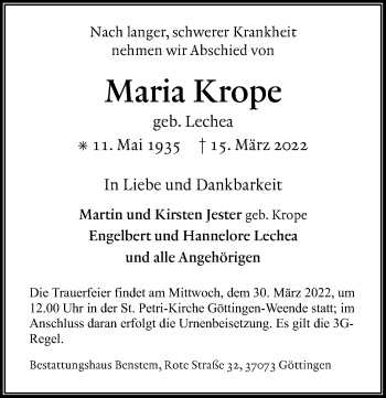 Traueranzeige von Maria Krope von Göttinger Tageblatt