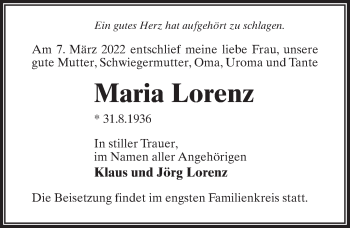 Traueranzeige von Maria Lorenz von Märkischen Allgemeine Zeitung