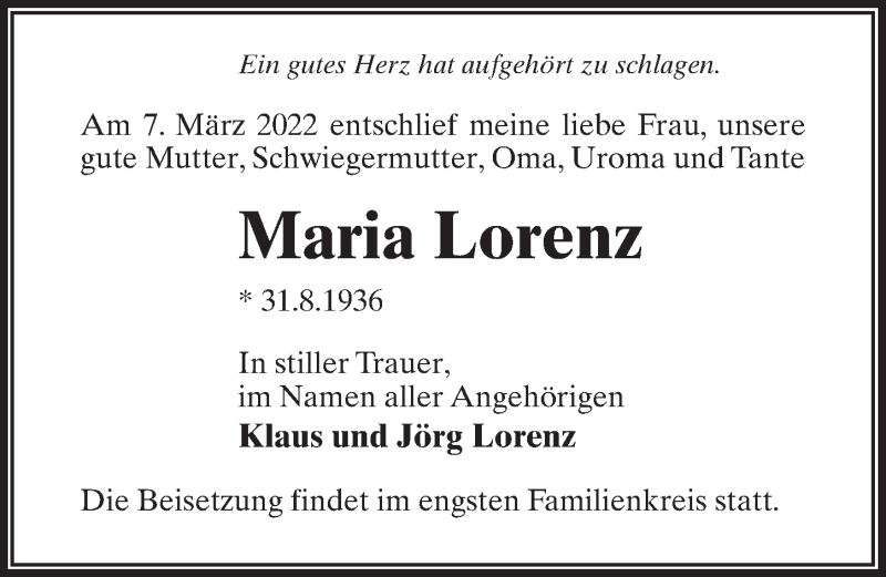  Traueranzeige für Maria Lorenz vom 19.03.2022 aus Märkischen Allgemeine Zeitung