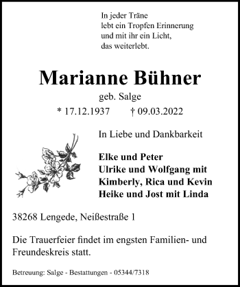 Traueranzeige von Marianne Bühner von Peiner Allgemeine Zeitung