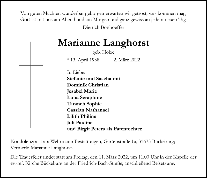  Traueranzeige für Marianne Langhorst vom 05.03.2022 aus Schaumburger Nachrichten