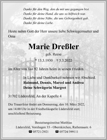 Traueranzeige von Marie Dreßler von Schaumburger Nachrichten