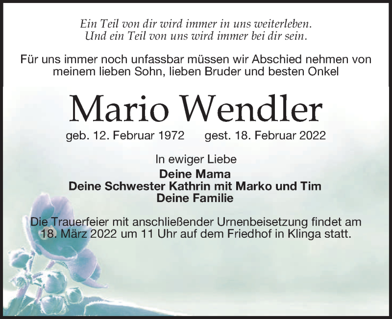  Traueranzeige für Mario Wendler vom 12.03.2022 aus Leipziger Volkszeitung