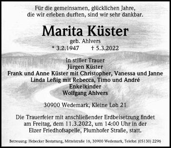 Traueranzeige von Marita Küster von Hannoversche Allgemeine Zeitung/Neue Presse