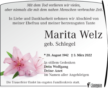 Traueranzeige von Marita Welz von Leipziger Volkszeitung