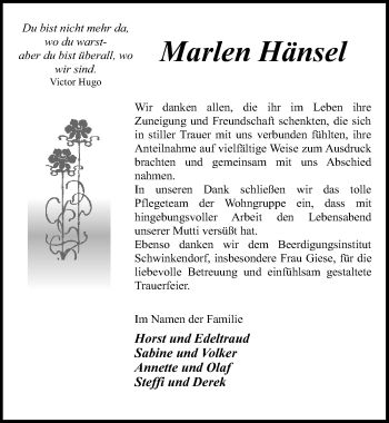 Traueranzeige von Marlen Hänsel von Ostsee-Zeitung GmbH