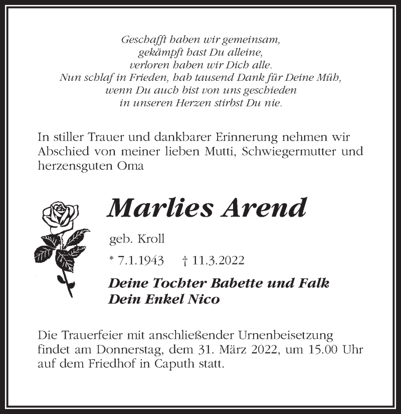  Traueranzeige für Marlies Arend vom 19.03.2022 aus Märkischen Allgemeine Zeitung
