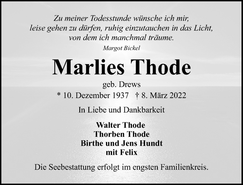  Traueranzeige für Marlies Thode vom 13.03.2022 aus Lübecker Nachrichten