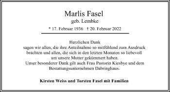 Traueranzeige von Marlis Fasel von Lübecker Nachrichten