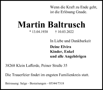 Traueranzeige von Martin Baltrusch von Peiner Allgemeine Zeitung