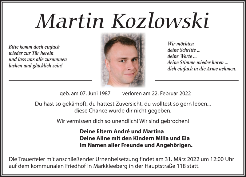  Traueranzeige für Martin Kozlowski vom 19.03.2022 aus Leipziger Volkszeitung