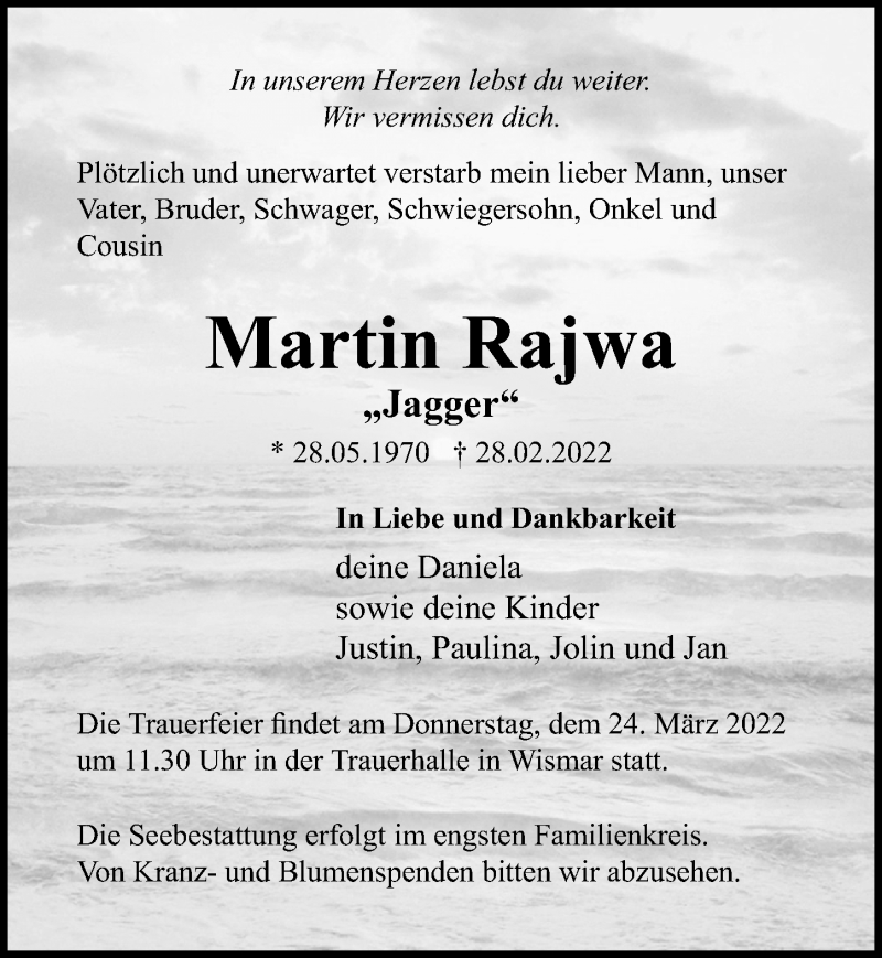  Traueranzeige für Martin Rajwa vom 12.03.2022 aus Ostsee-Zeitung GmbH
