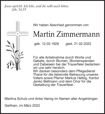 Traueranzeige von Martin Zimmermann von Leipziger Volkszeitung