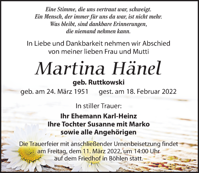  Traueranzeige für Martina Hänel vom 05.03.2022 aus Leipziger Volkszeitung