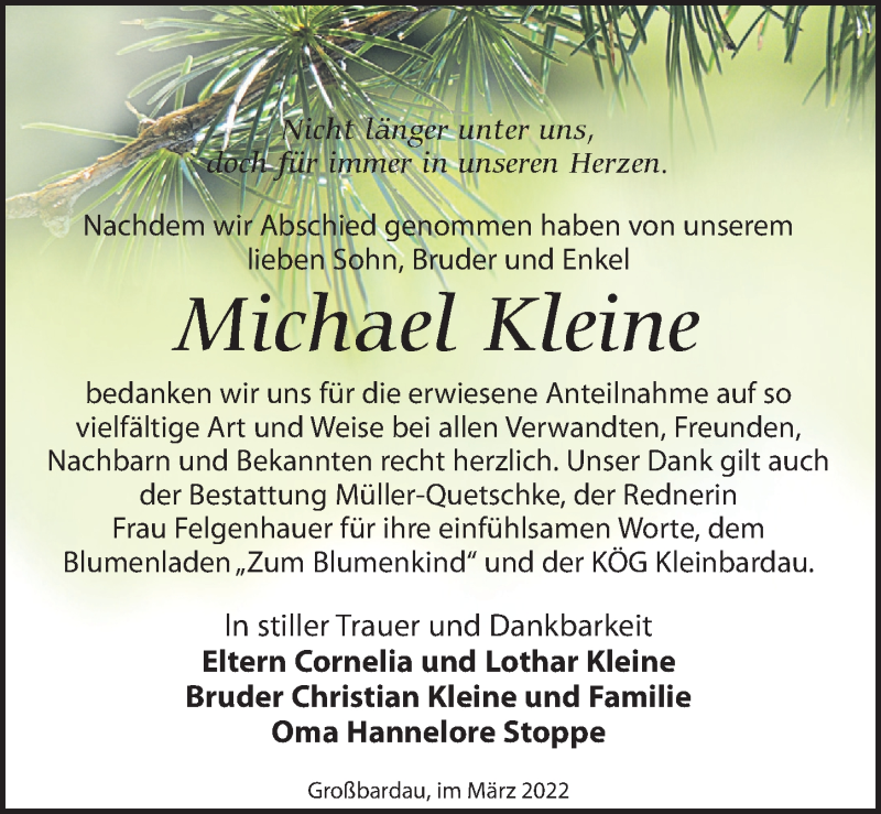  Traueranzeige für Michael Kleine vom 19.03.2022 aus Leipziger Volkszeitung