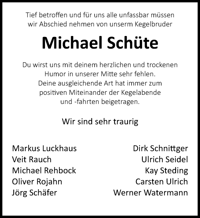  Traueranzeige für Michael Schüte vom 12.03.2022 aus Schaumburger Nachrichten